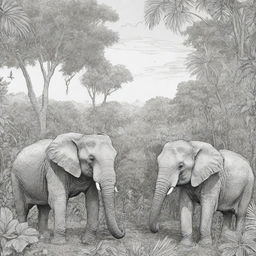 Jungle background, elephants in the back ground,coloring page line art