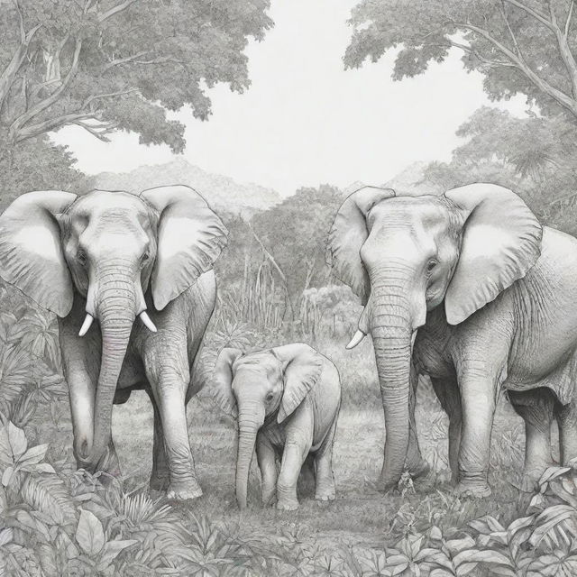 Jungle background, elephants in the back ground,coloring page line art