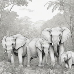 Jungle background, elephants in the back ground,coloring page line art