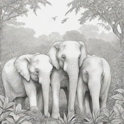 Jungle background, elephants in the back ground,coloring page line art