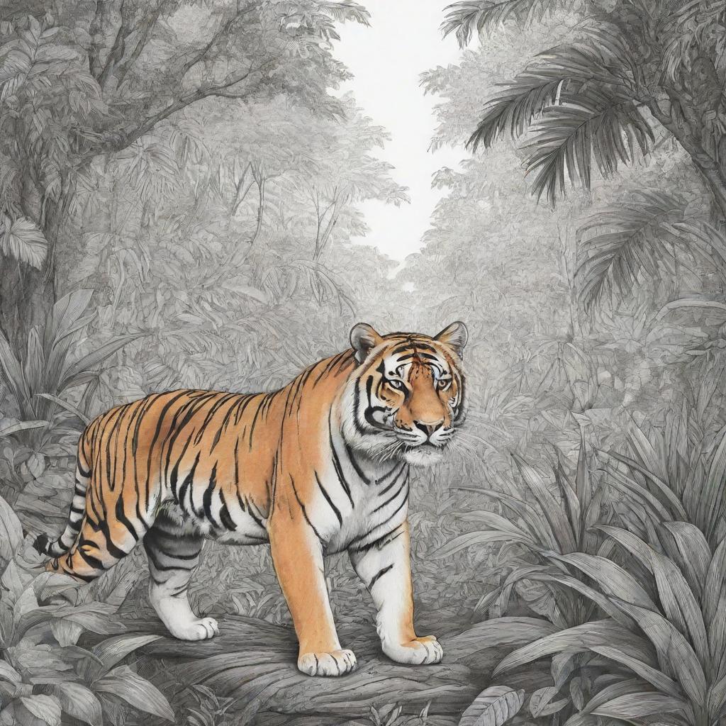 Jungle background, Tiger in the back ground,coloring page line art