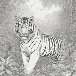 Jungle background, Tiger in the back ground,coloring page line art