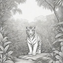 Jungle background, Tiger in the back ground,coloring page line art