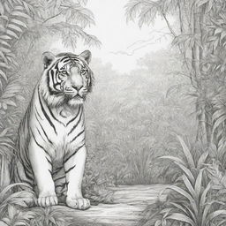 Jungle background, Tiger in the back ground,coloring page line art