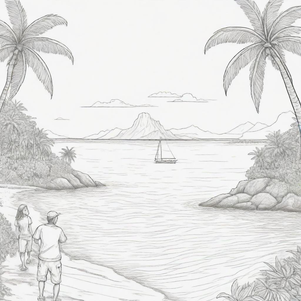 island background, peope in the back ground,coloring page line art