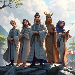 In the enchanting realm of Bilangan, where numbers dance and formulas sing, five unique algorithms are brought to life in a realistic art style: Algoritma, Aritmetika, Statistik, Geometri, and Kriptografi