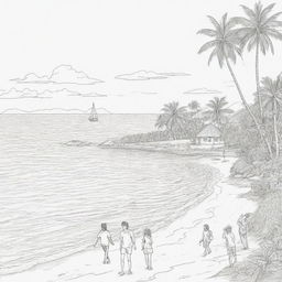 island background, peope in the back ground,coloring page line art