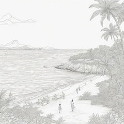 island background, peope in the back ground,coloring page line art