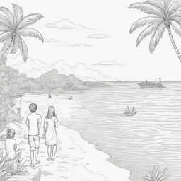 island background, peope in the back ground,coloring page line art