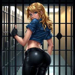 A sexy female character with blonde, wet wavy hair, playfully bending over and leaning through prison cell bars, teasingly displaying her rounded booty