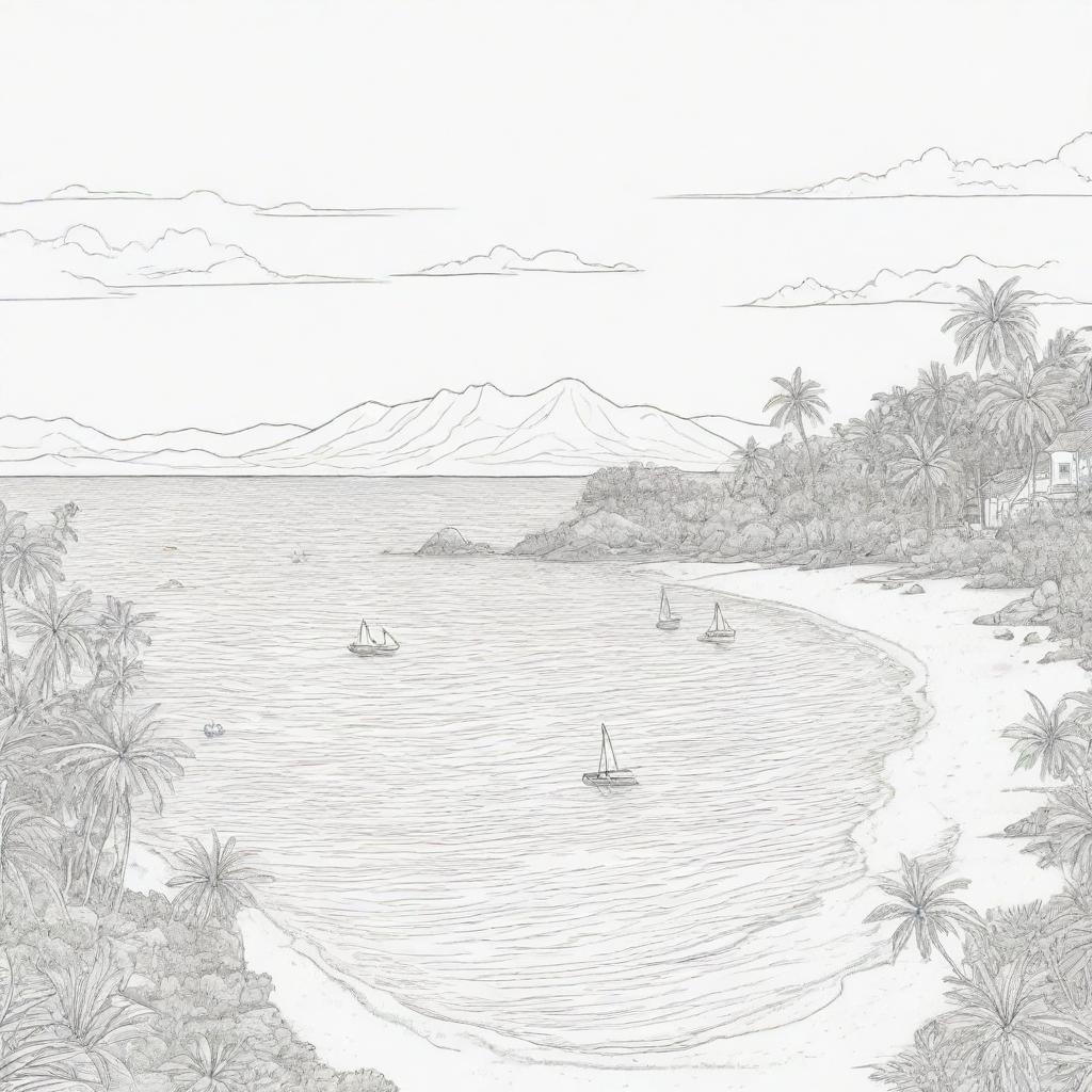 island background, peope in the back ground,coloring page line art