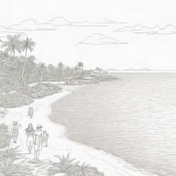 island background, peope in the back ground,coloring page line art