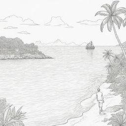 island background, peope in the back ground,coloring page line art