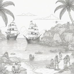 island background, peope in the back ground and pirate ship,coloring page line art