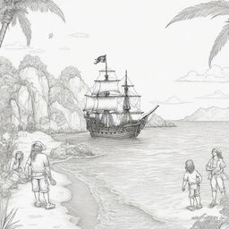 island background, peope in the back ground and pirate ship,coloring page line art