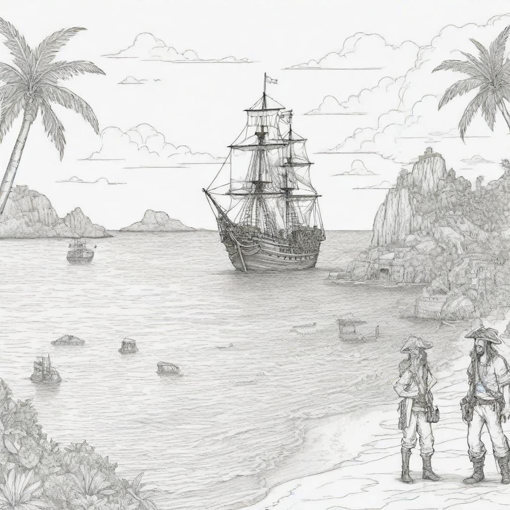 island background, peope in the back ground and pirate ship,coloring page line art