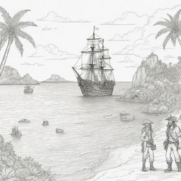 island background, peope in the back ground and pirate ship,coloring page line art