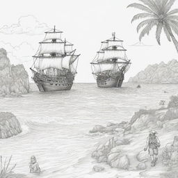 island background, peope in the back ground and pirate ship,coloring page line art