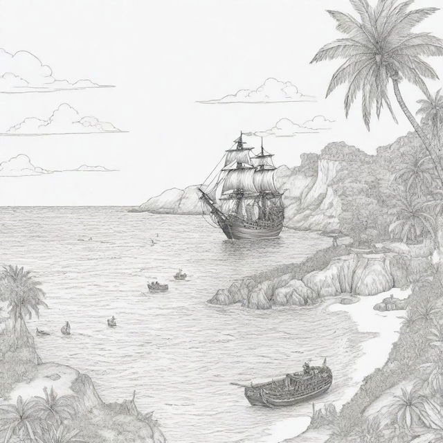 island background, peope in the back ground and pirate ship,coloring page line art