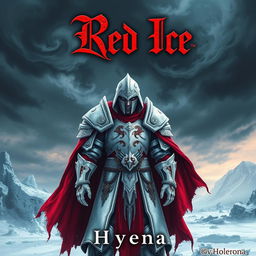 An eye-catching book cover for 'Red Ice' by Hyyena, set in a grimdark fantasy world on a frozen continent