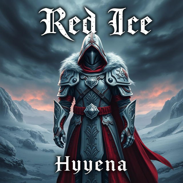 An eye-catching book cover for 'Red Ice' by Hyyena, set in a grimdark fantasy world on a frozen continent