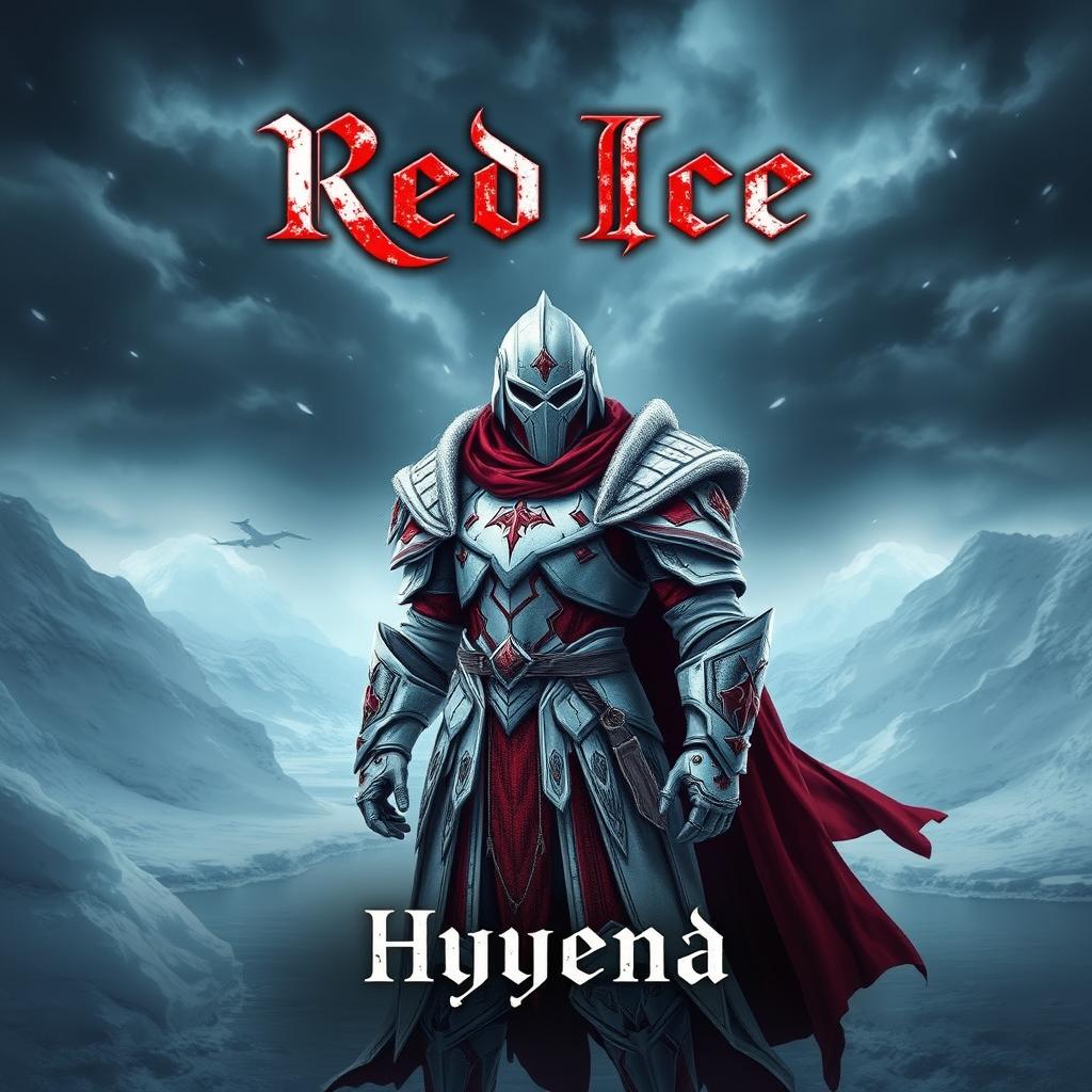 An eye-catching book cover for 'Red Ice' by Hyyena, set in a grimdark fantasy world on a frozen continent