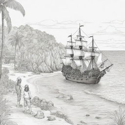 island background, peope in the back ground and pirate ship,coloring page line art