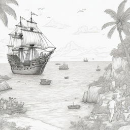 island background, peope in the back ground and pirate ship,coloring page line art