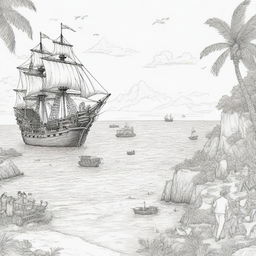 island background, peope in the back ground and pirate ship,coloring page line art