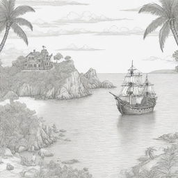 island background, peope in the back ground and pirate ship in a cove,coloring page line art