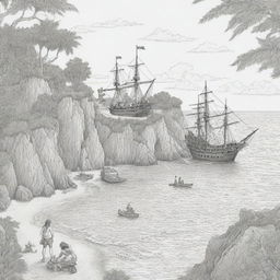 island background, peope in the back ground and pirate ship in a cove,coloring page line art