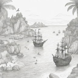 island background, peope in the back ground and pirate ship in a cove,coloring page line art