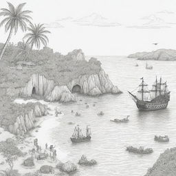 island background, peope in the back ground and pirate ship in a cove,coloring page line art