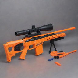 A state-of-the-art Nerf sniper rifle, complete with accurate detailing, colorful design, and a long-range, mounted scope for those long-distance Nerf skirmishes.