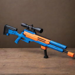 A state-of-the-art Nerf sniper rifle, complete with accurate detailing, colorful design, and a long-range, mounted scope for those long-distance Nerf skirmishes.