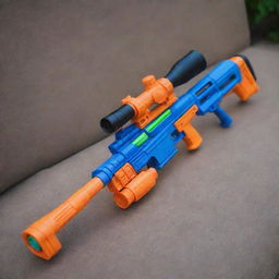 An intricately designed Nerf sniper rifle with a powerful scope, showcasing its vibrant colors and detailed mechanics, posed as if ready for the ultimate game of Nerf.