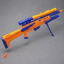 An intricately designed Nerf sniper rifle with a powerful scope, showcasing its vibrant colors and detailed mechanics, posed as if ready for the ultimate game of Nerf.