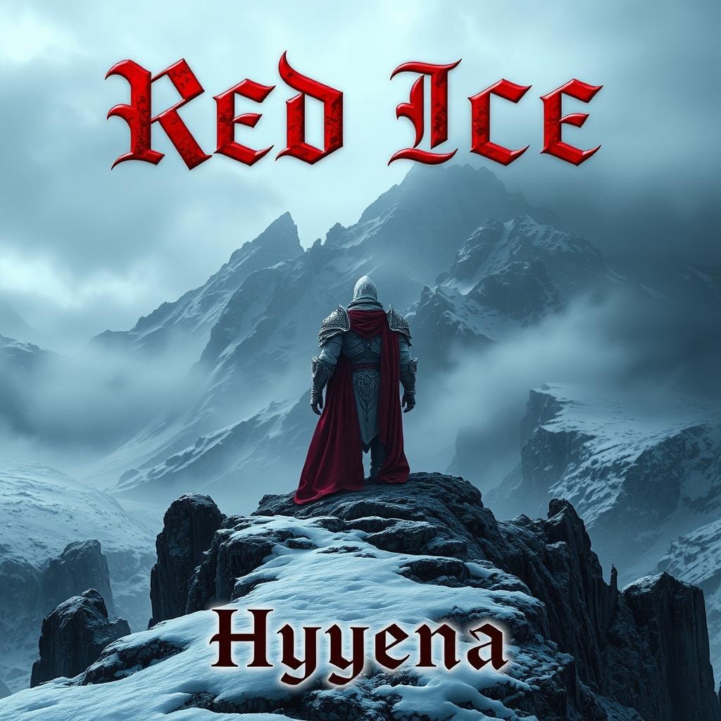 An atmospheric book cover for 'Red Ice' by Hyyena, depicting a grimdark fantasy scene on a frozen continent