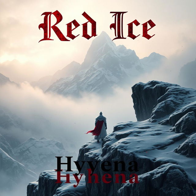 An atmospheric book cover for 'Red Ice' by Hyyena, depicting a grimdark fantasy scene on a frozen continent