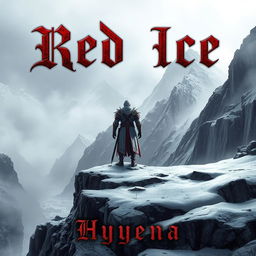 An atmospheric book cover for 'Red Ice' by Hyyena, depicting a grimdark fantasy scene on a frozen continent
