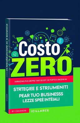 A vibrant and engaging book cover design for a business marketing guide titled 'Costo Zero: Strategie e Strumenti per Far Crescere il Tuo Business Senza Spese Iniziali'