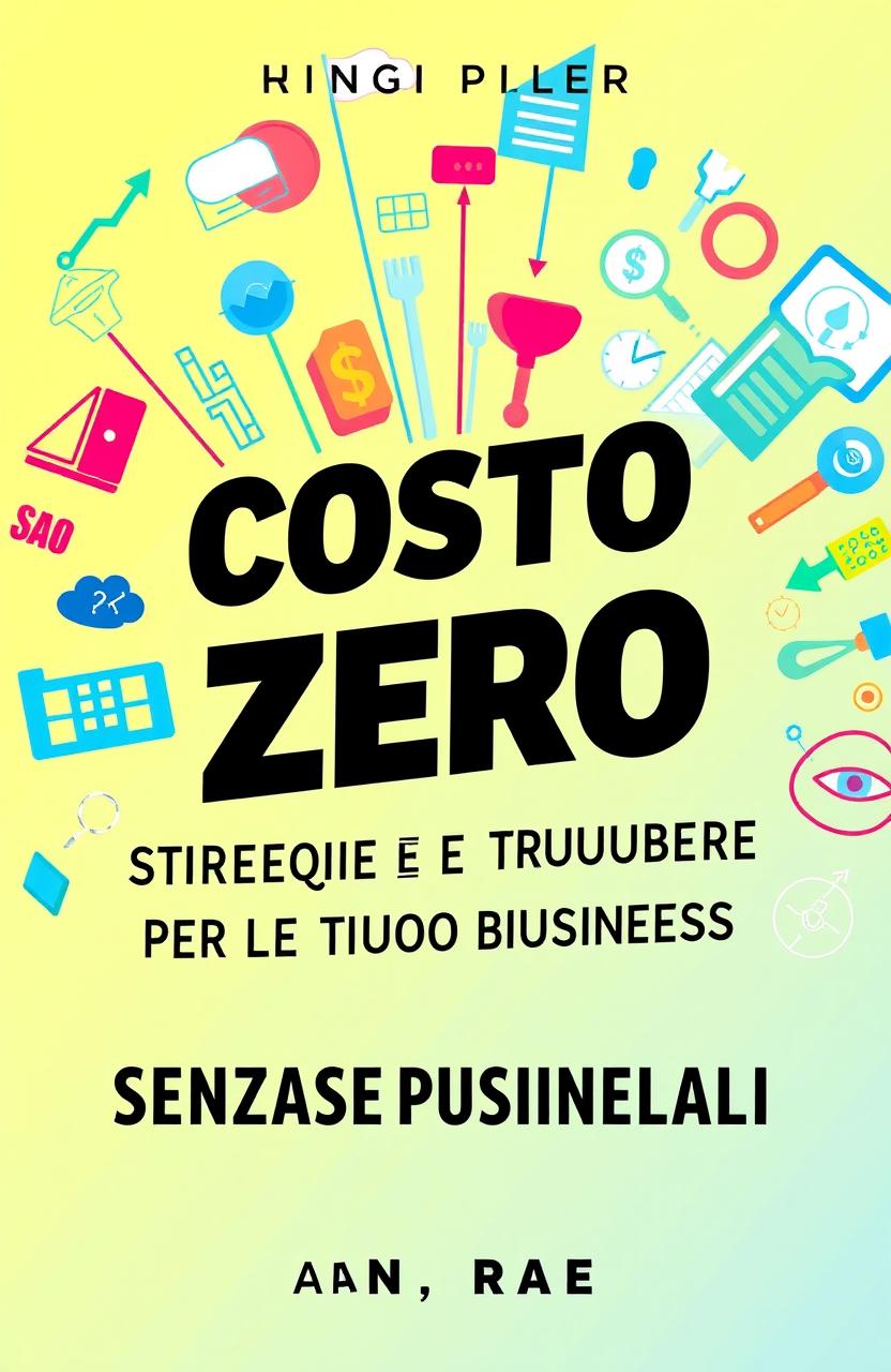 A vibrant and engaging book cover design for a business marketing guide titled 'Costo Zero: Strategie e Strumenti per Far Crescere il Tuo Business Senza Spese Iniziali'