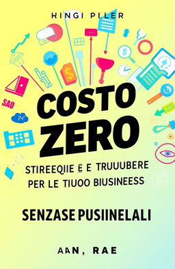 A vibrant and engaging book cover design for a business marketing guide titled 'Costo Zero: Strategie e Strumenti per Far Crescere il Tuo Business Senza Spese Iniziali'