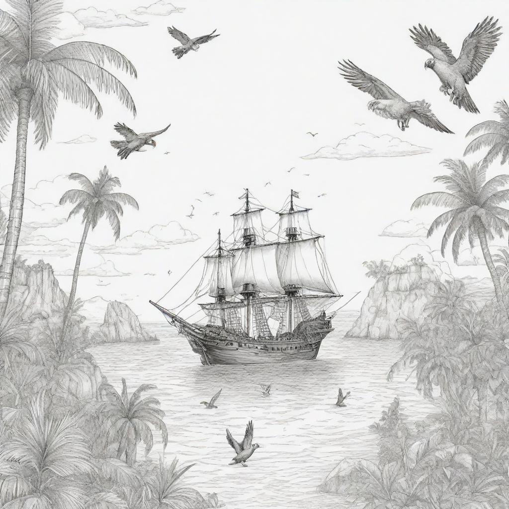 island background, peope in the back ground and pirate ship with parrots flying ,coloring page line art