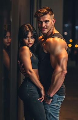 A dramatic scene depicting a girl pinned against a wall by a man who stands close to her, holding her waist