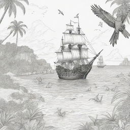 island background, peope in the back ground and pirate ship with parrots flying ,coloring page line art