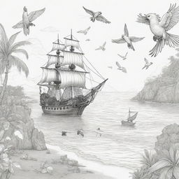 island background, peope in the back ground and pirate ship with parrots flying ,coloring page line art