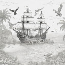 island background, peope in the back ground and pirate ship with parrots flying ,coloring page line art