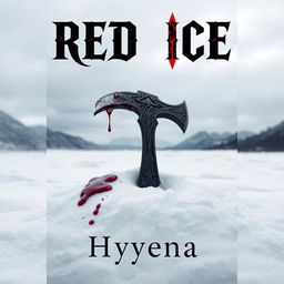 An impactful book cover for 'Red Ice' by Hyyena, featuring a bloodied axe resting in the pristine white snow
