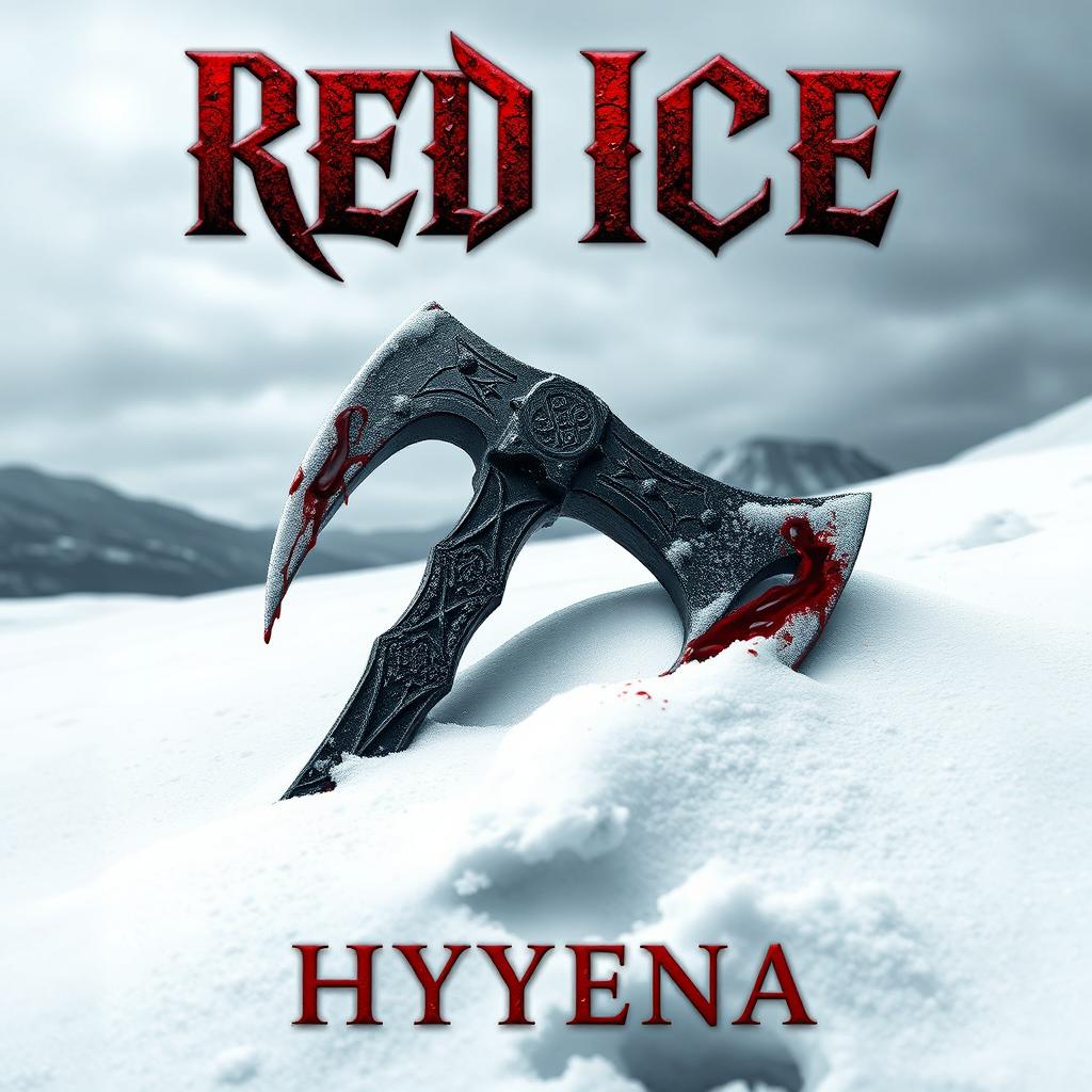 An impactful book cover for 'Red Ice' by Hyyena, featuring a bloodied axe resting in the pristine white snow